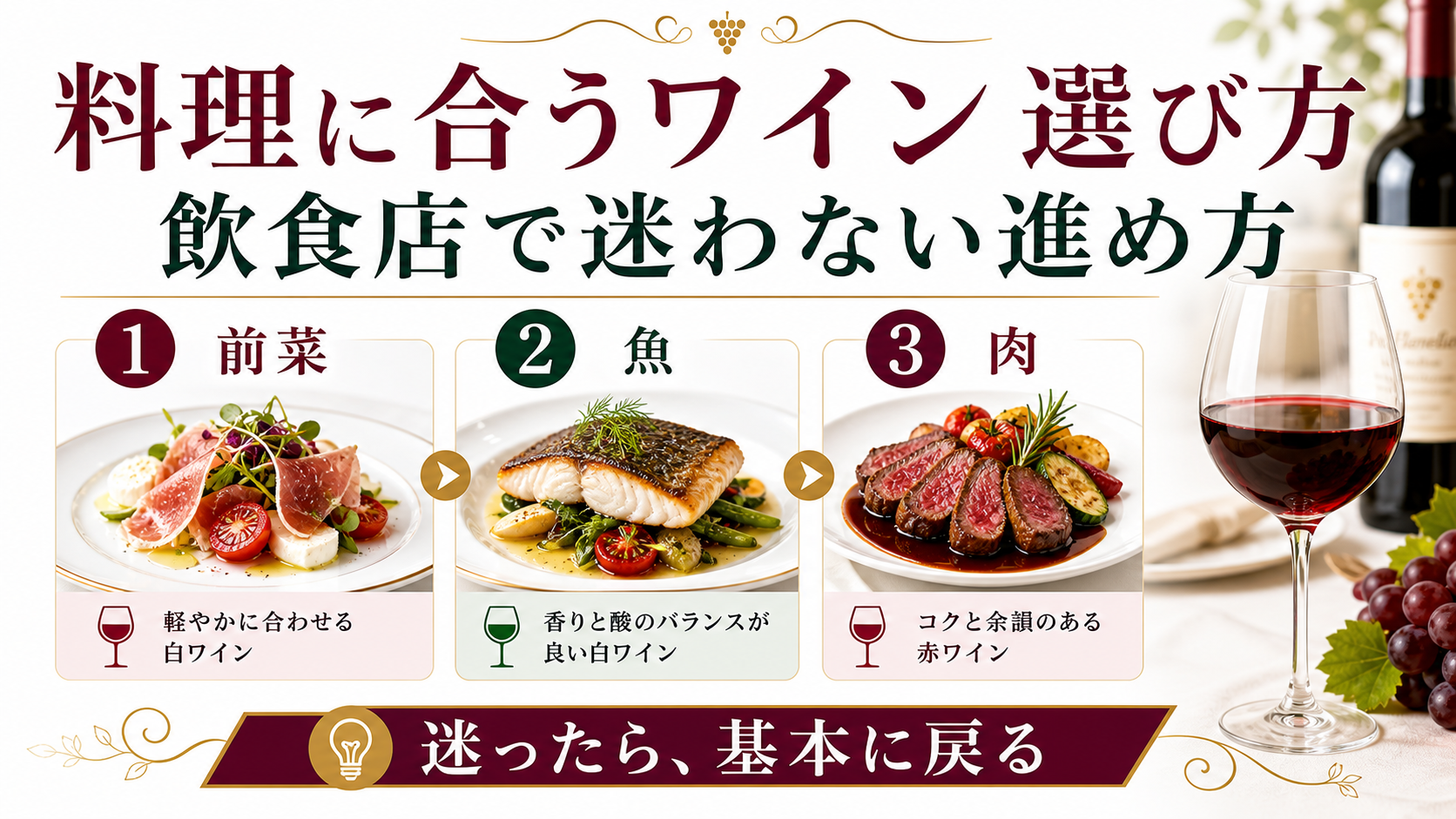 料理に合うワイン選び方の進め方を示したPlamelier記事アイキャッチ