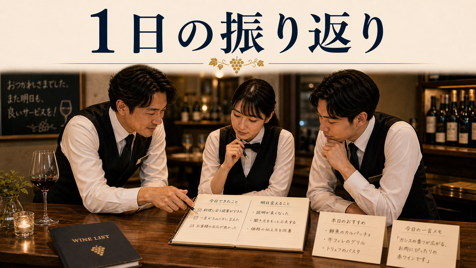 主要メニュー・一言・確認時の返しを1枚に整理した朝礼用メモのイメージ画像