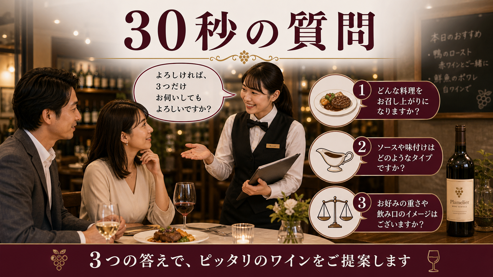 素材・調理法・ソースの3軸で料理に合うワインを考える30秒の質問型を示す画像