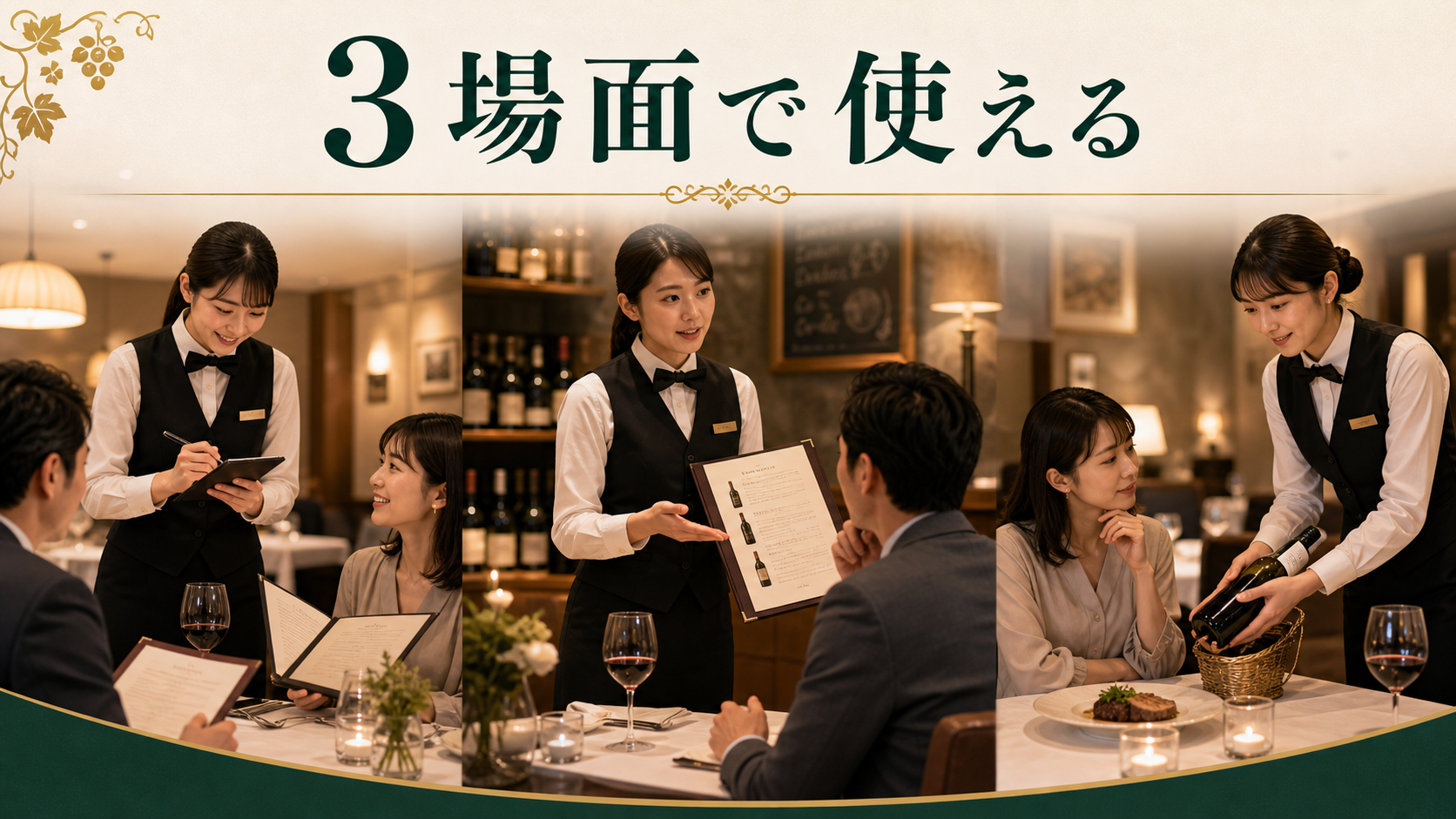 ワイン接客フレーズを3場面で使い分ける図