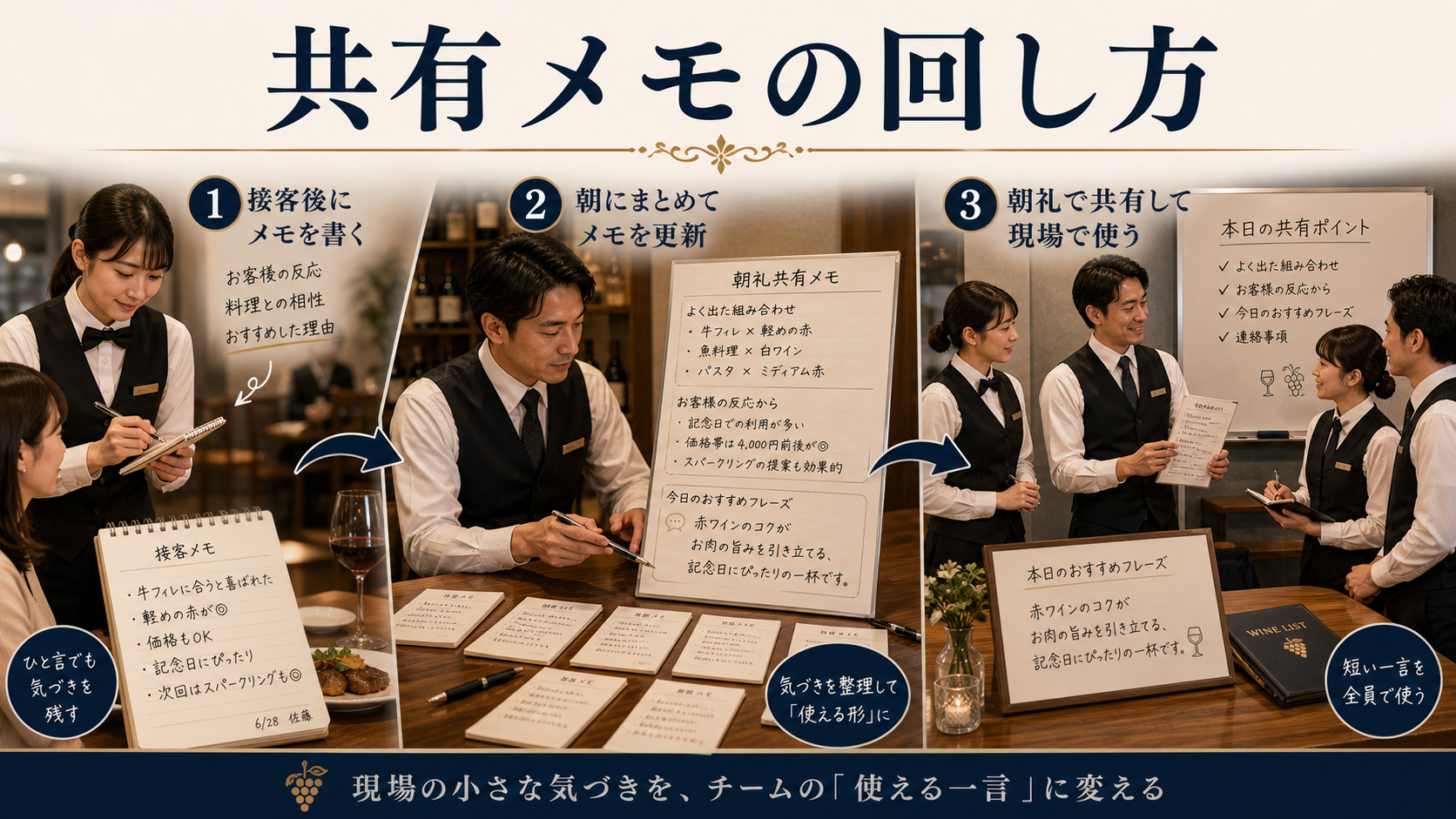 主要メニュー・一言・確認時の返しを1枚に整理した朝礼用メモのイメージ画像