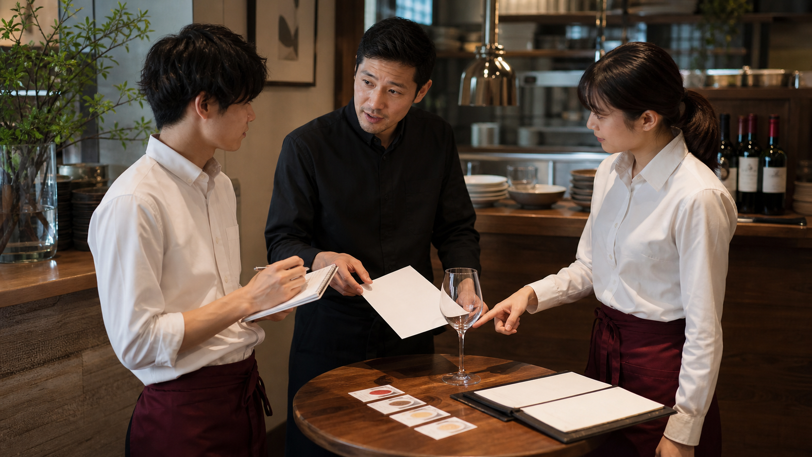 飲食店の朝礼で新人スタッフがワイン接客のロールプレイをする場面