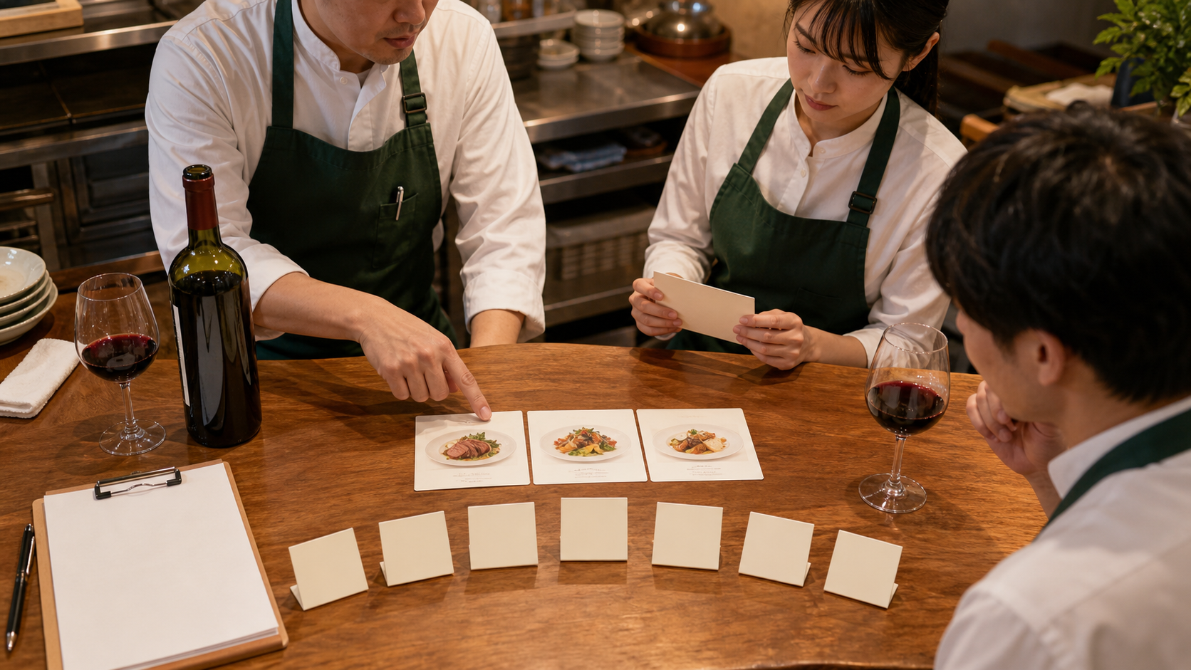 飲食店の朝礼で料理カードとメモを使いワインAI提案を1週間試す場面