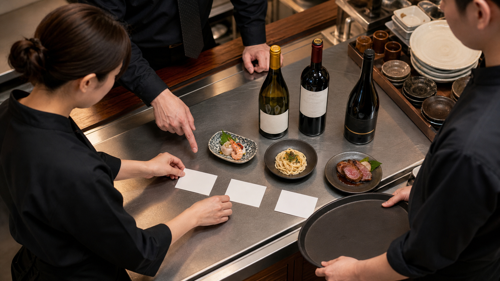 飲食店のサービス台でスタッフと店長が料理、ワイン、無地の接客カードを対応させて確認する場面