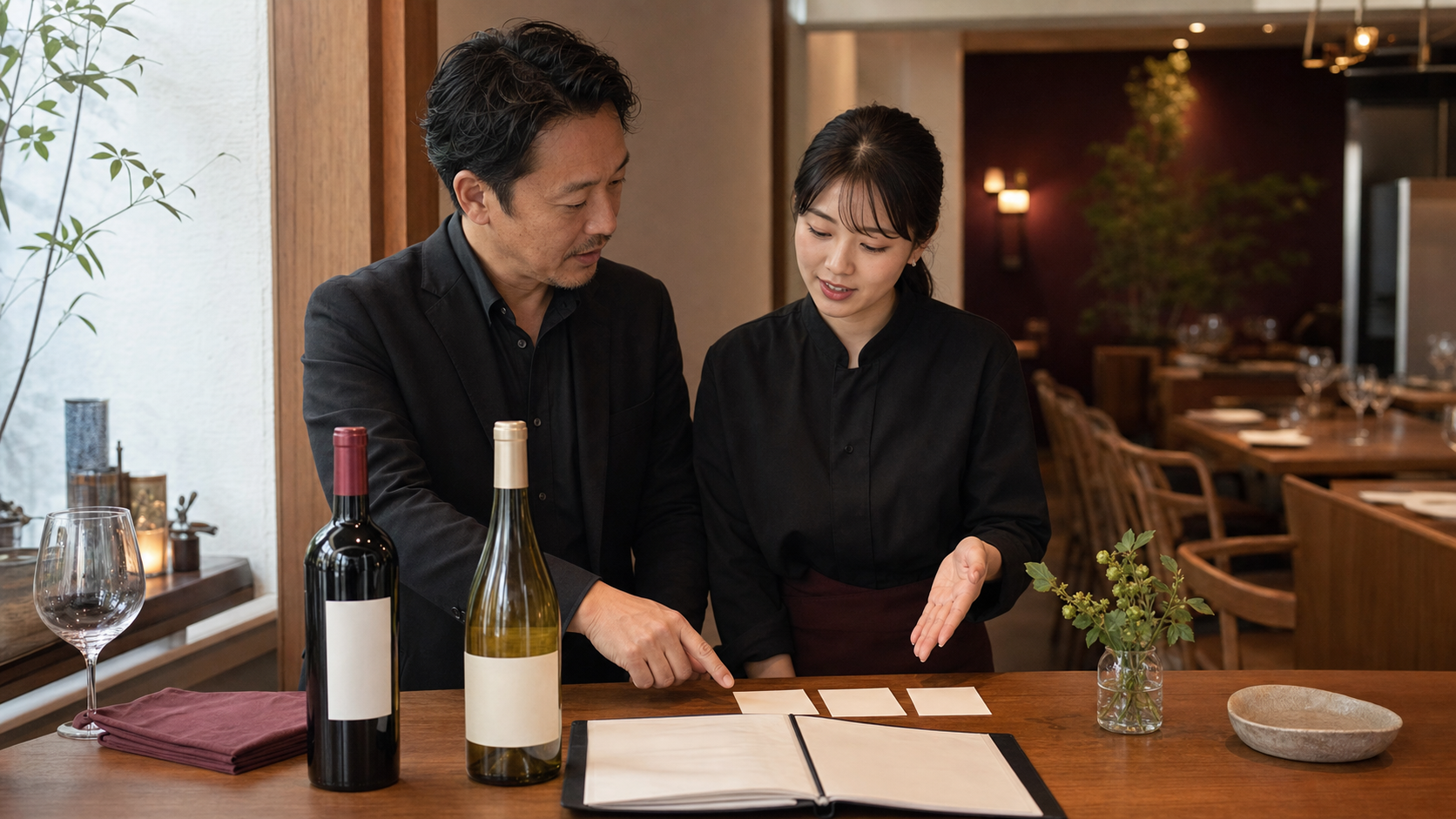 開店前の飲食店で店長とホールスタッフがワイン接客用の短いメモを確認する場面