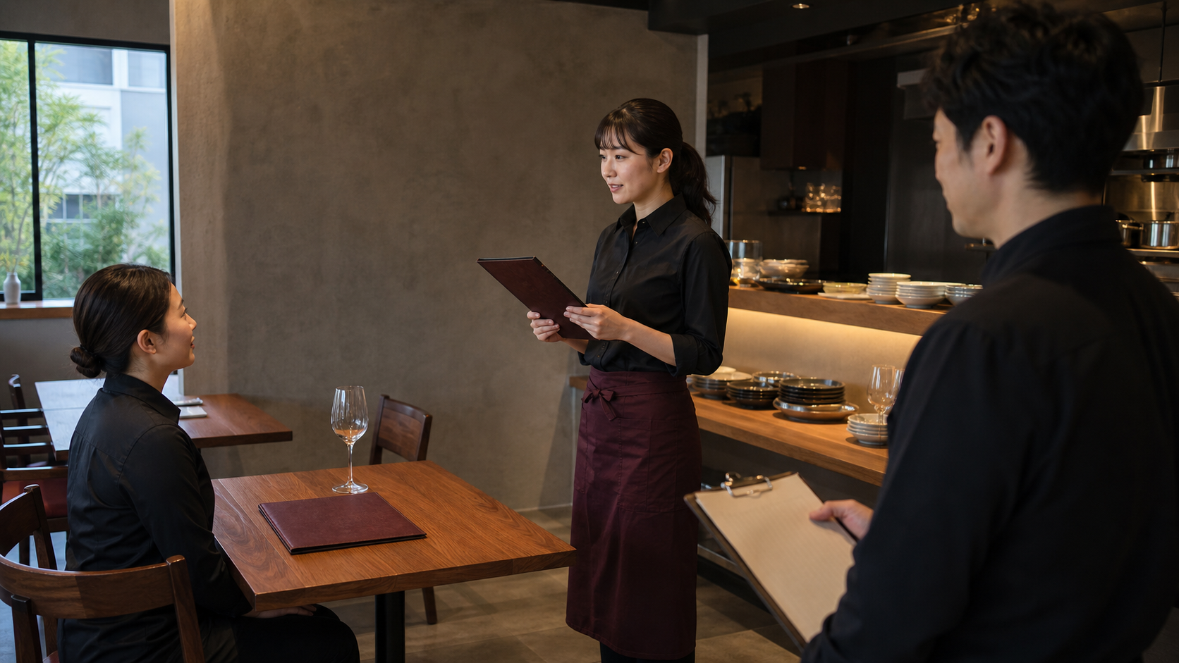 営業前の店内で、ホールスタッフが着席した同僚にワイン接客の一言を練習し、店長が見守るロールプレイ場面