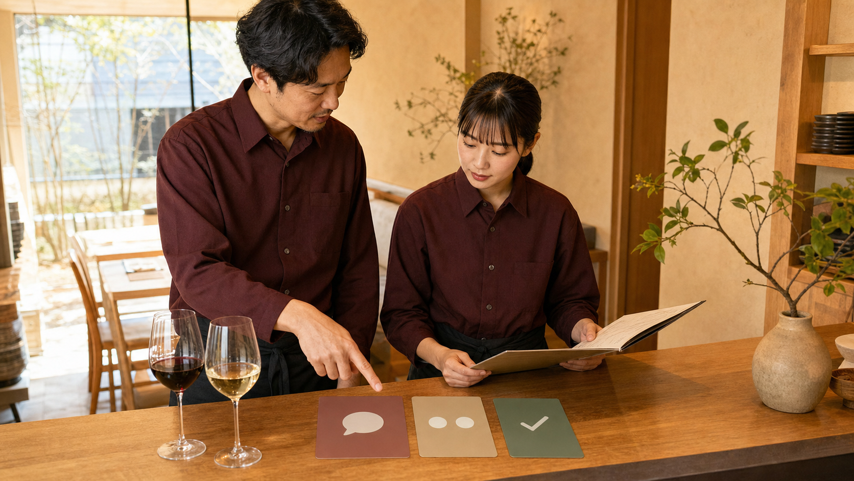 開店前のビストロで、店長が新人ホールスタッフとワインリスト、赤白のグラス、接客の役割を示すカードを確認している場面