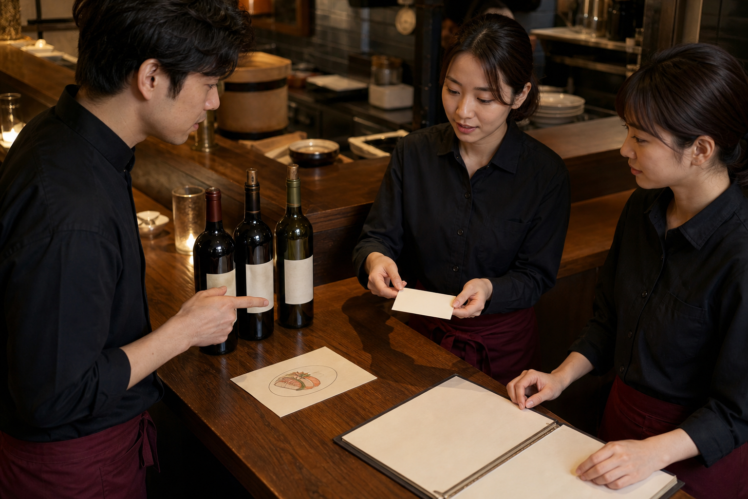 開店前のサービスカウンターで、3人のスタッフがラベルのないワインボトル、料理の絵があるカード、空白の引き継ぎカードを見ながら役割を確認している場面