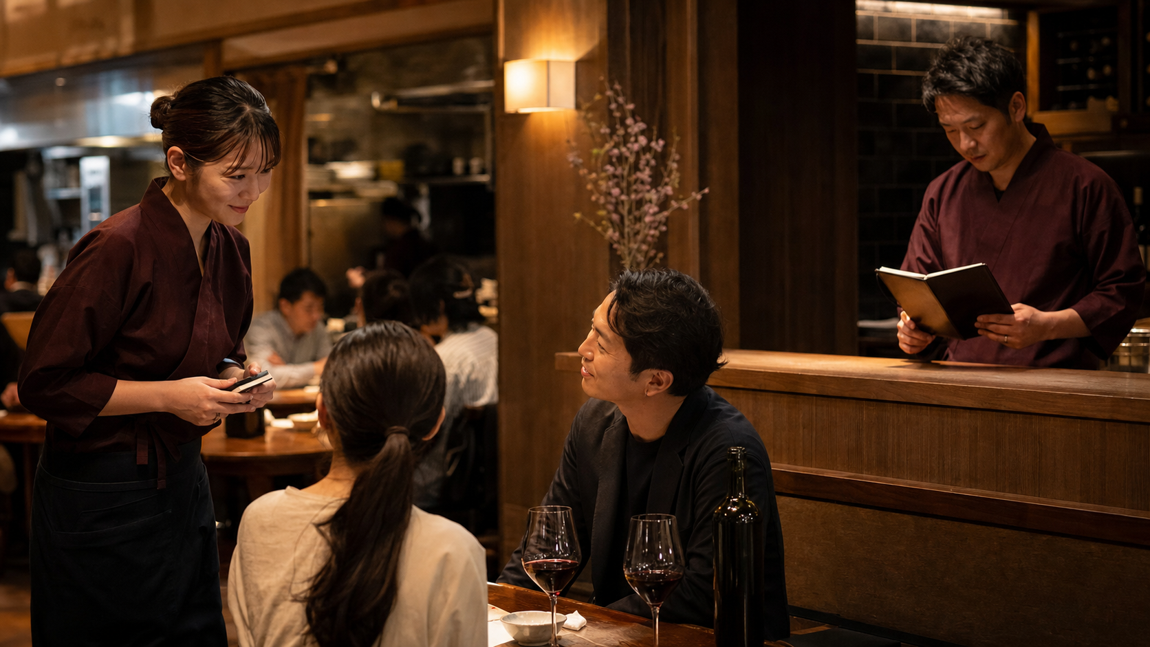 夕食時のビストロで、ホールスタッフがお客様の好みを聞き、近くのサービスカウンターで責任者がワインリストを確認している場面