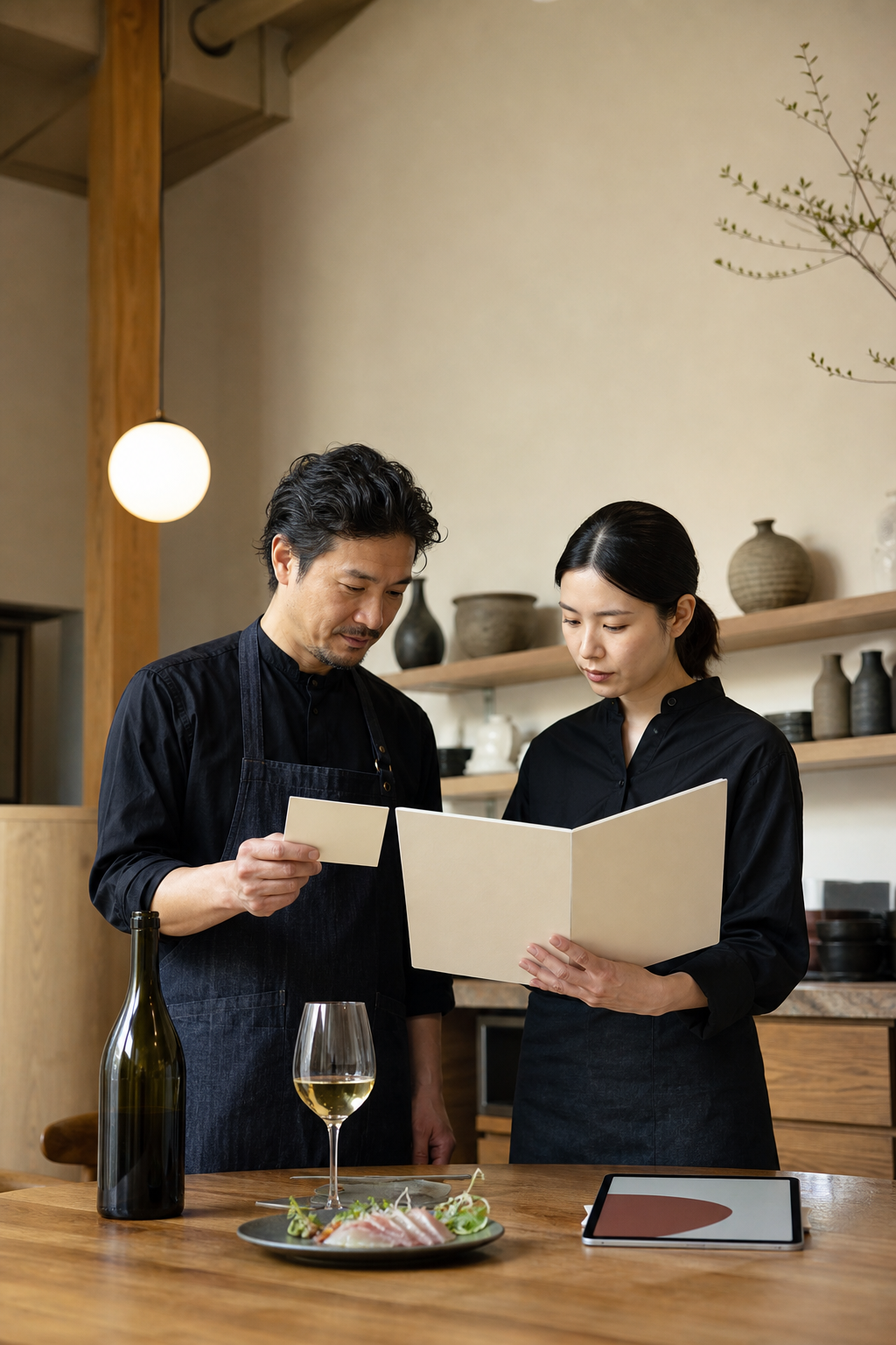 開店前の飲食店で店長とスタッフが無地のワインボトル、魚料理、メニューを見ながらワイン提案の確認をしている場面