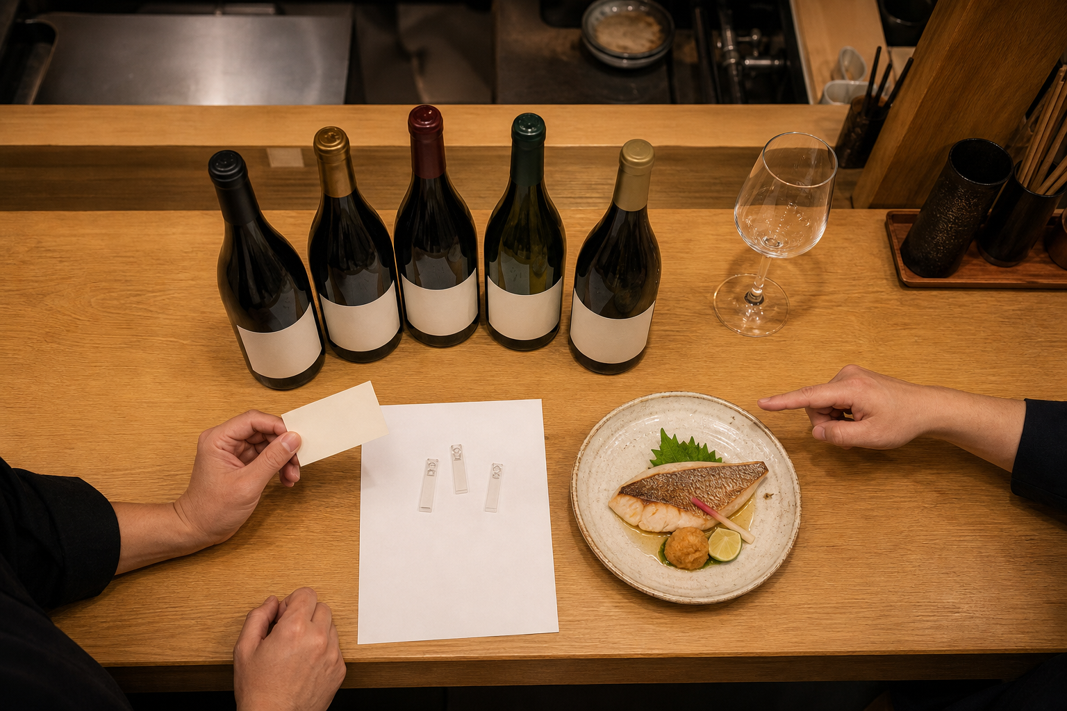 小規模飲食店のカウンターで二人のスタッフが5本のワインと魚料理を見ながら主力を確認している俯瞰の場面