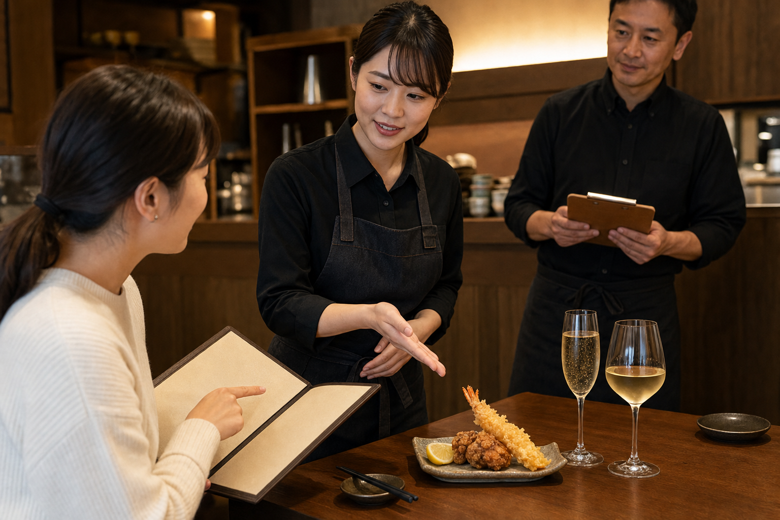 居酒屋のテーブルでスタッフがお客さまへ天ぷらと唐揚げ、泡と白ワインを示し、奥の責任者が確認メモを持つ場面
