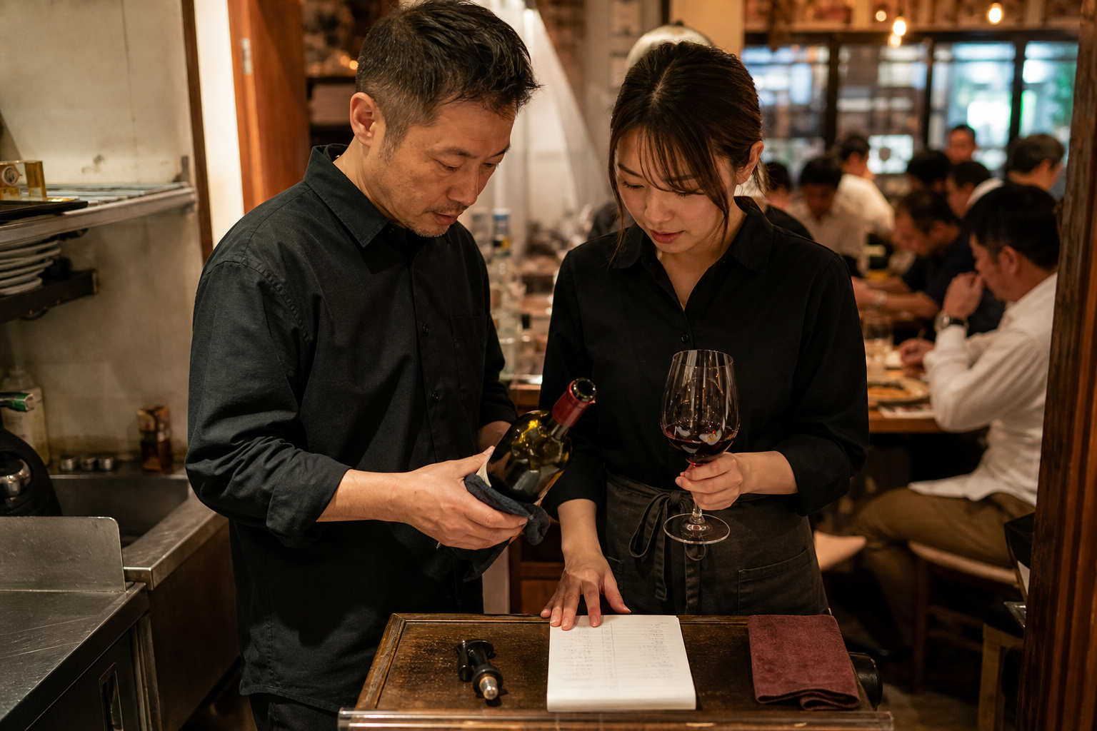 営業後の飲食店で店長とスタッフが開栓したワインの実杯数と残量を確認している場面
