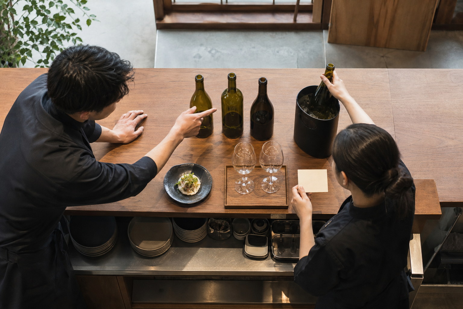 飲食店のサービスカウンターで二人のスタッフが開栓済みワイン、冷却容器、グラスを前に提供順を確認している俯瞰の場面