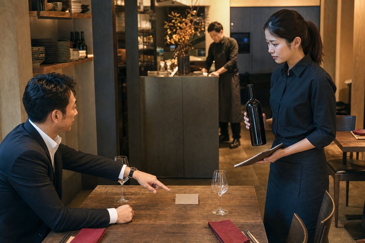 飲食店の二人席で新人スタッフが無地のワインボトルとメニューを持ち、着席した店長役の質問を受け、奥のサービスカウンターにいる担当者へ確認をつなぐ場面
