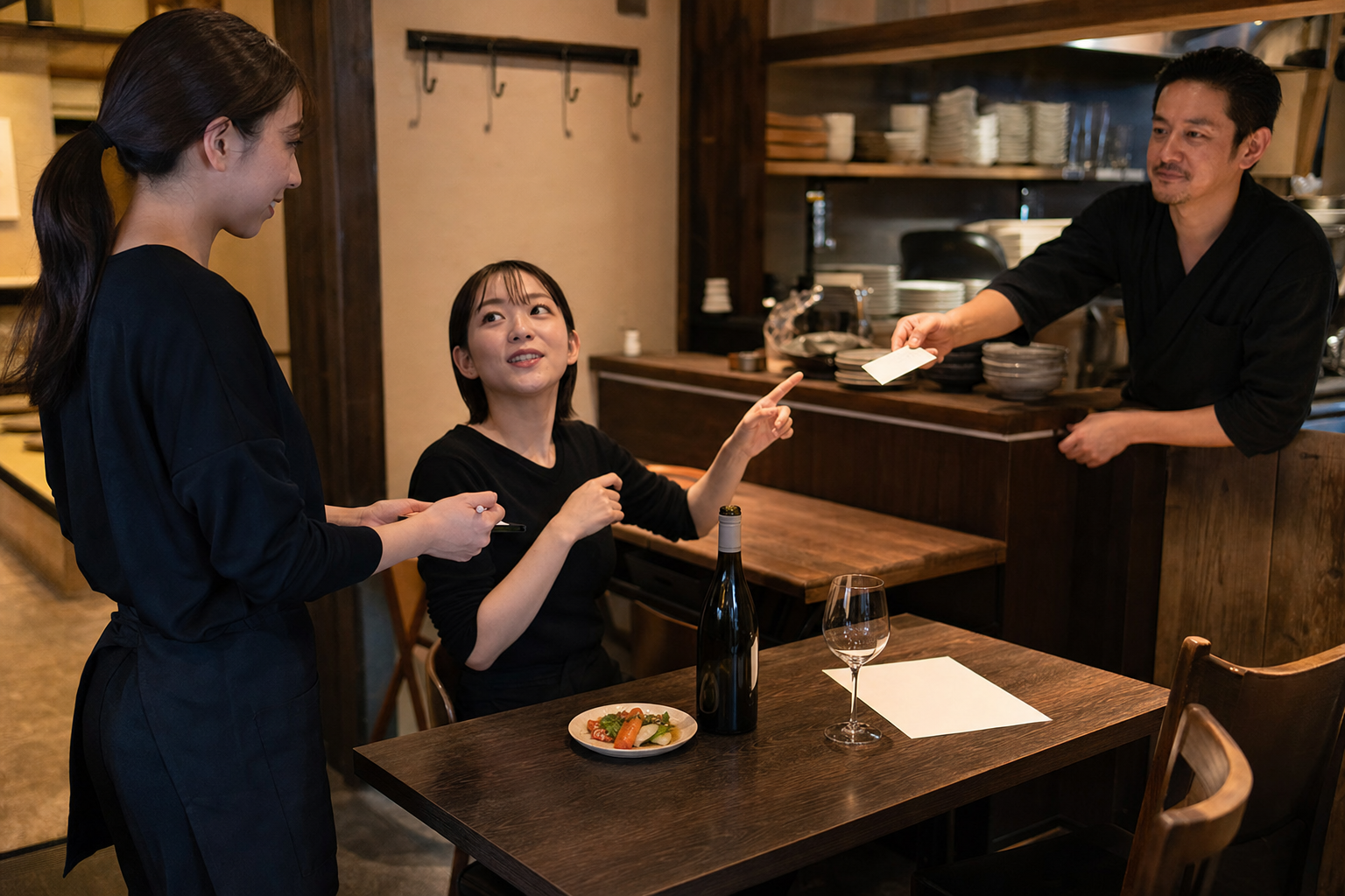 飲食店の二人席でスタッフが着席者の好みを聞き、奥のサービスカウンターにいる店長へ無地の確認メモを渡す練習場面