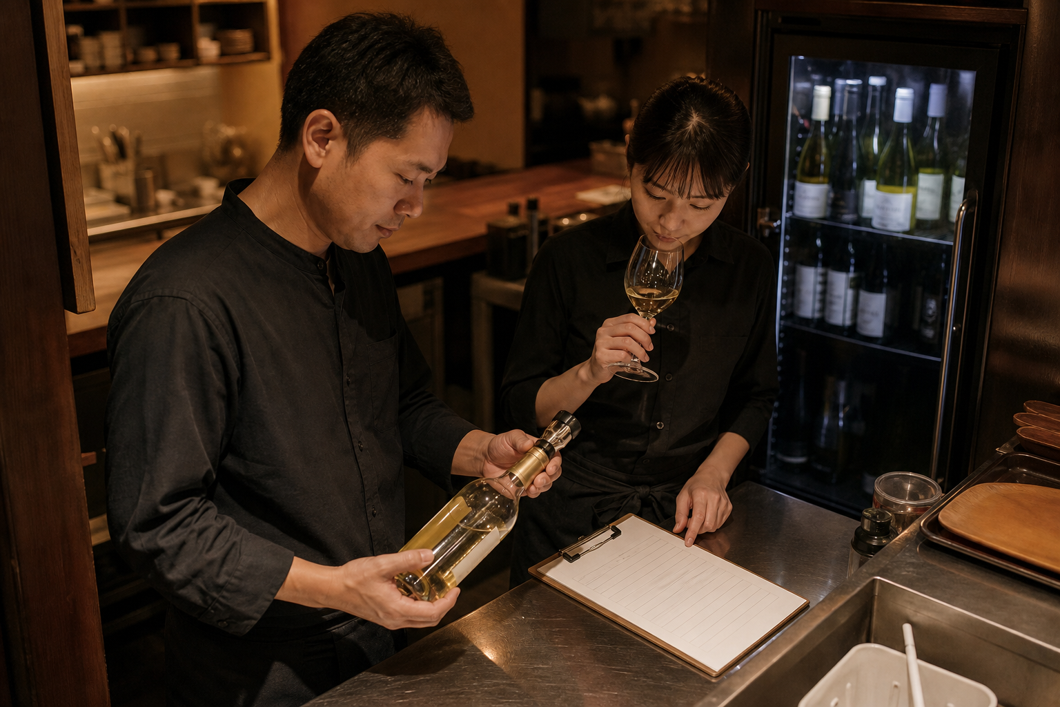 閉店後の飲食店で店長とスタッフが開栓済み白ワイン、試飲用グラス、引き継ぎメモ、ワインセラーを確認している場面