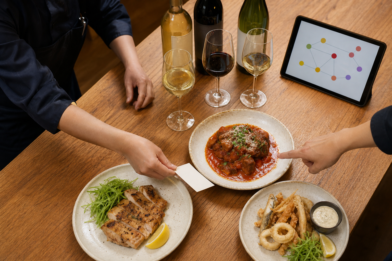 調理済みの鶏料理、トマト煮、揚げ魚介を囲み、ワインとタブレットを前に共有メモを置くスタッフの手元