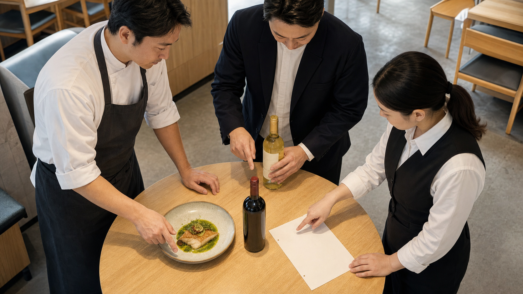 開店前の丸テーブルで、魚料理、白と赤のワイン、確認シートを囲み役割を分けて確認する厨房・店長・ホールスタッフ