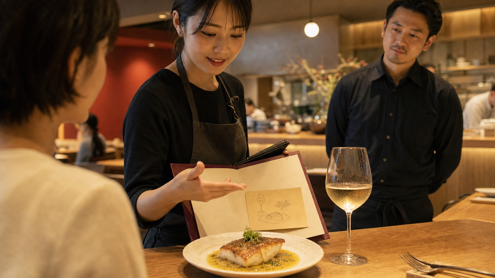 魚のバターソテーと白ワインを前に、料理のソースを見ながら提案する飲食店スタッフ