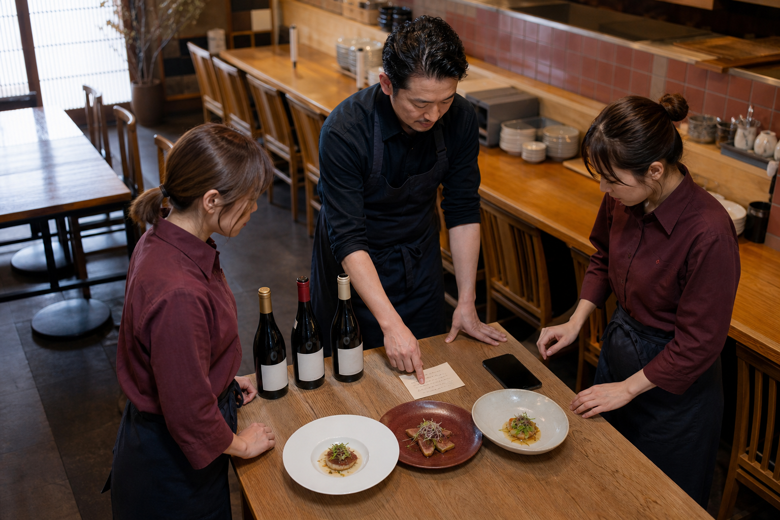 開店前の飲食店で、店長と二人のスタッフが三本のワイン、三皿の料理、共有メモを囲んで確認している場面
