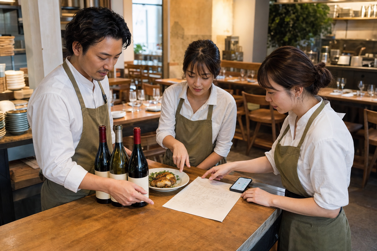 開店前の飲食店で、店長と二人のスタッフが料理、三本のワイン、共有メモを囲んで確認している場面