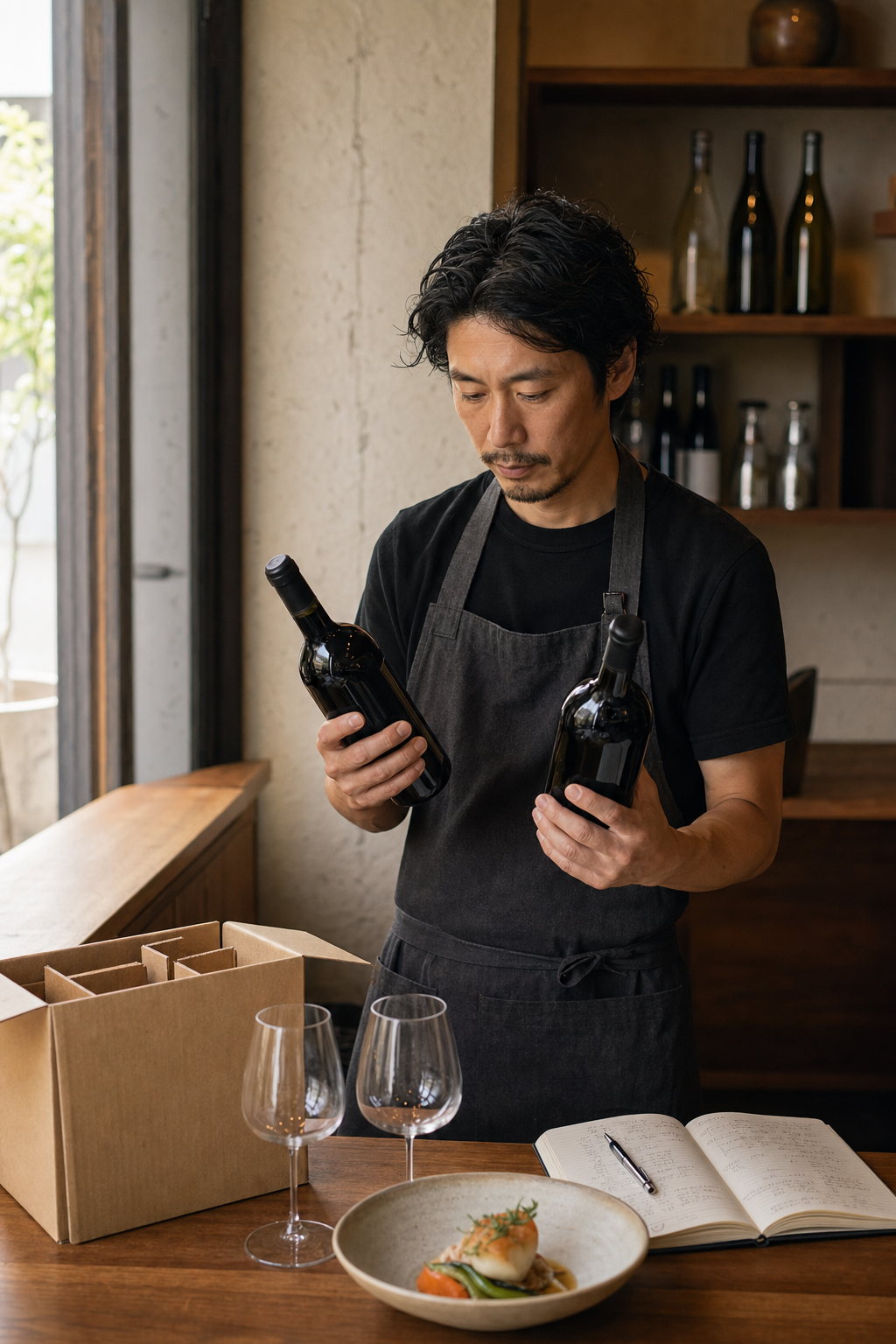 小規模なビストロの店主が少数のワインボトル、仕入れ箱、在庫メモを前に次の仕入れを確認している場面