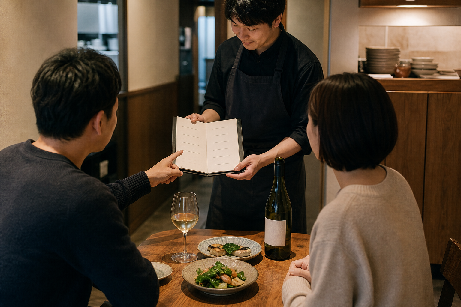 飲食店のテーブルでスタッフが二人客へグラスとボトルの選択肢をメニューと料理を見せながら説明している場面