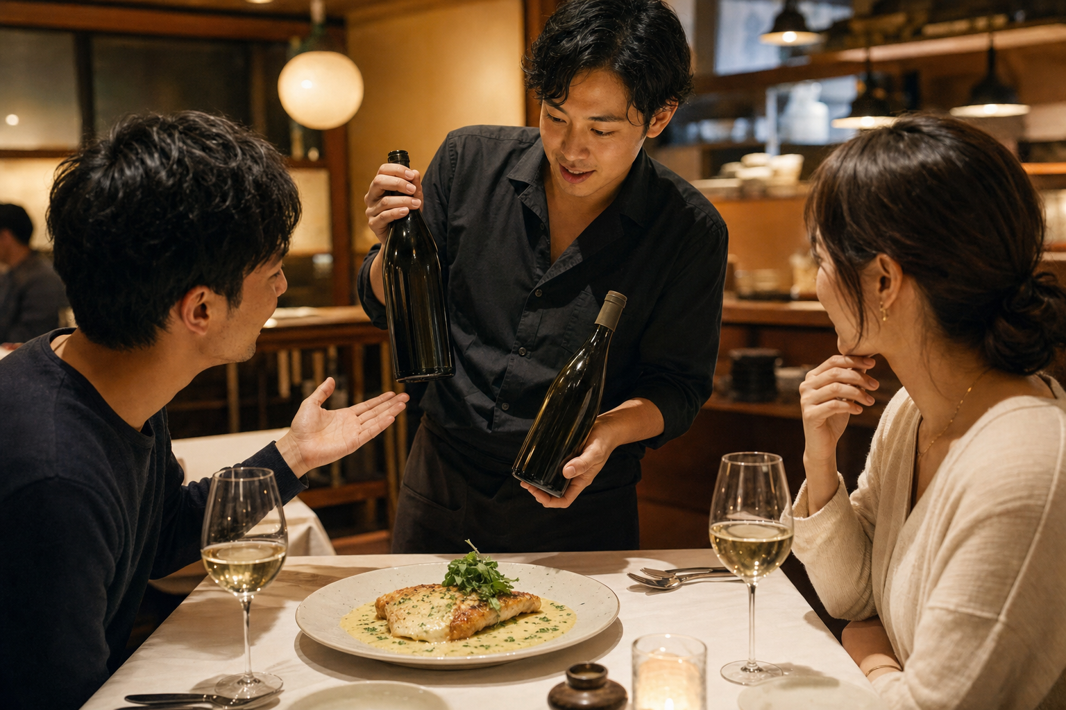レモンとハーブのソースを添えた白身魚料理の前で、スタッフが二本のワインを持ち、着席した二人へ選び方を説明する場面