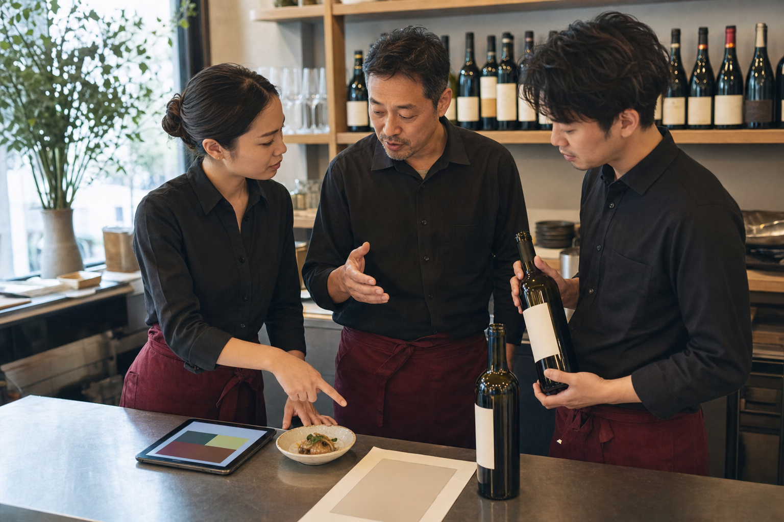 営業前のレストランで店長とスタッフ二人が料理、ワインボトル、メモを囲み、提案の確認をしている場面