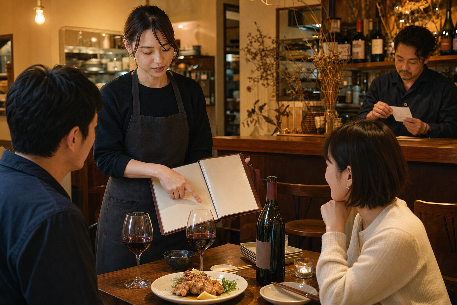 小さな飲食店でスタッフが料理の前にワインメニューを開き、二人の客の相談を受けている場面
