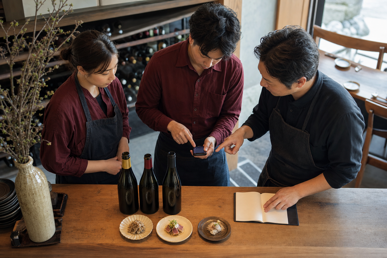 開店前の飲食店で、店長と二人のスタッフが三本のワイン、三皿の料理、スマートフォン、共有メモを見ながら確認している場面
