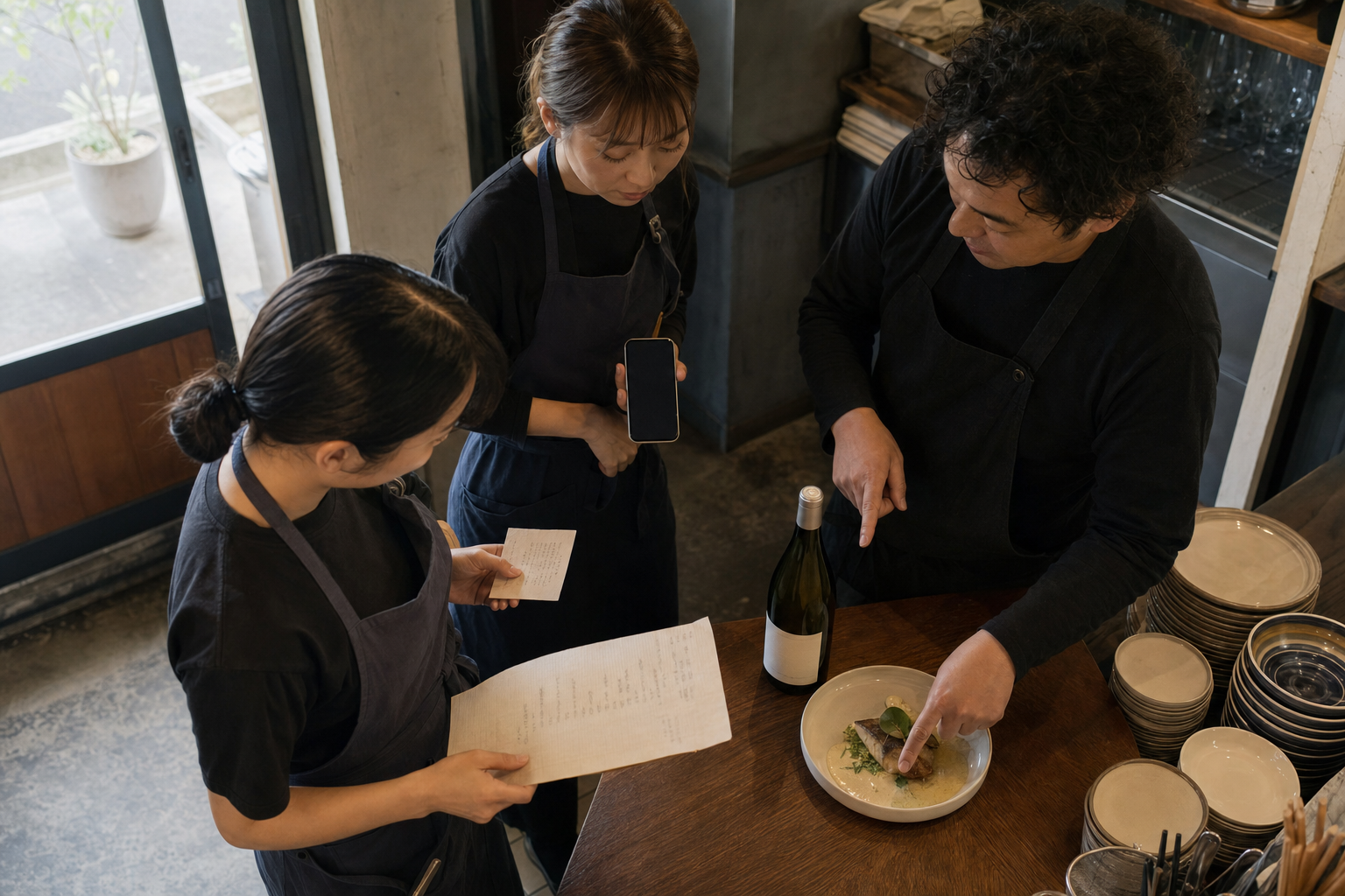 開店前の飲食店で、店長とスタッフが料理、ワイン、スマートフォン、共有メモを囲んで確認している場面