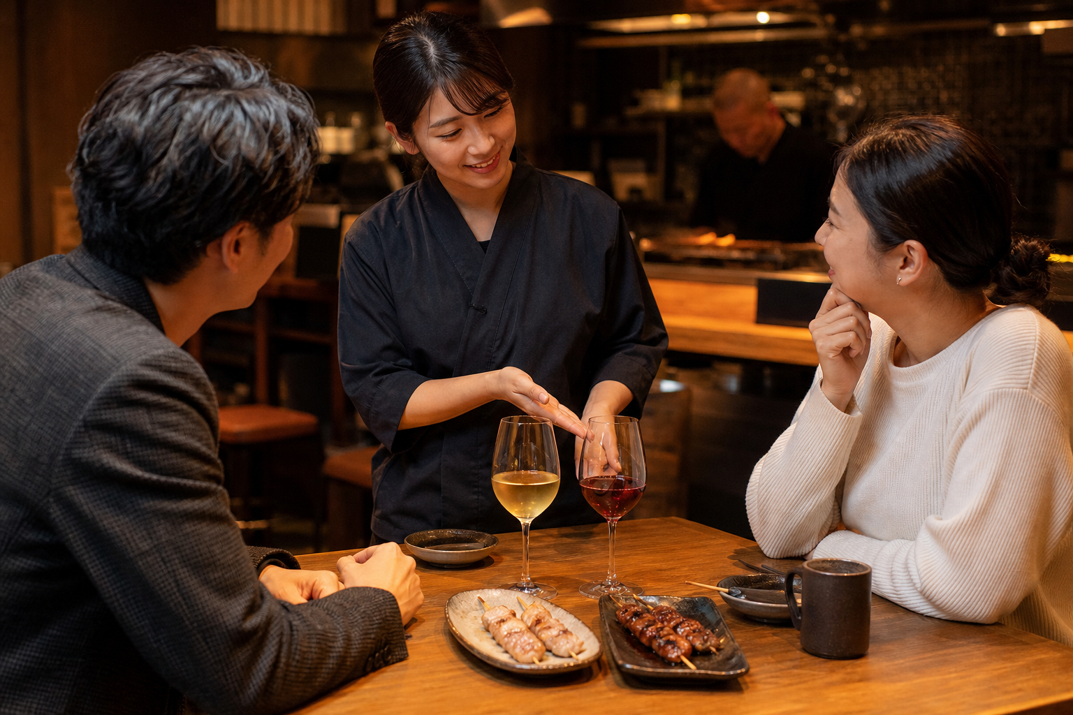 塩串とタレ串があるテーブルで、スタッフが白ワインと軽い赤ワインの二択を説明する場面