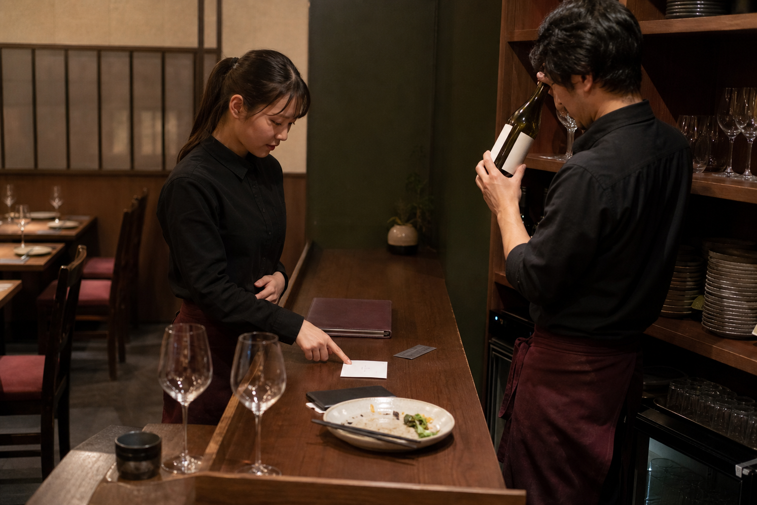 営業後の飲食店で、新人スタッフがサービス台の共有カードを指し、責任者がワインボトルを棚へ戻している場面
