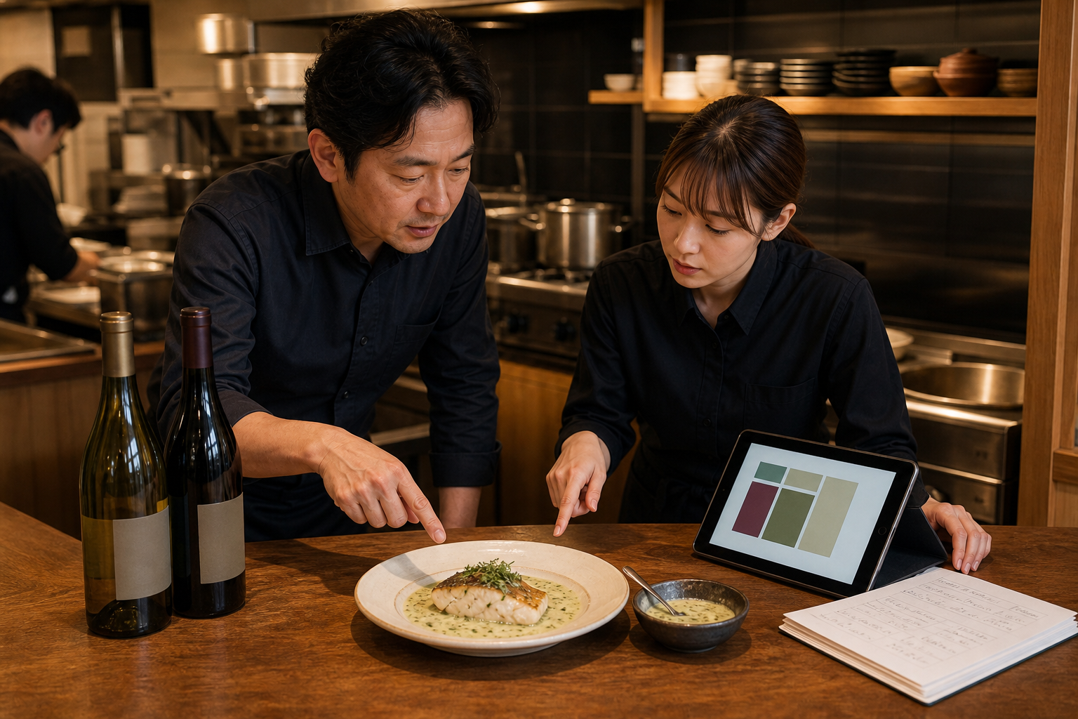 開店前の飲食店で、店長とスタッフが白身魚のハーブソース料理、二本のワイン、タブレットを前にペアリングの情報を確認している場面