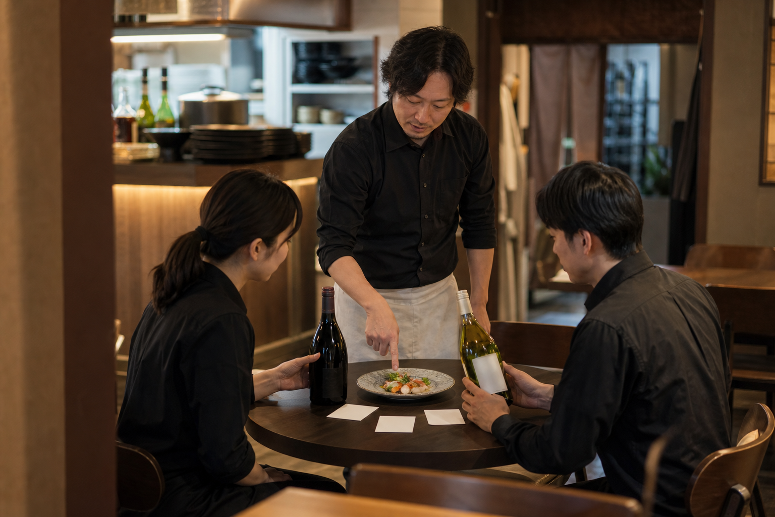 営業前の店内で、店長が料理を指しながら二人のホールスタッフと赤白の候補ボトルを確認している打合せの場面