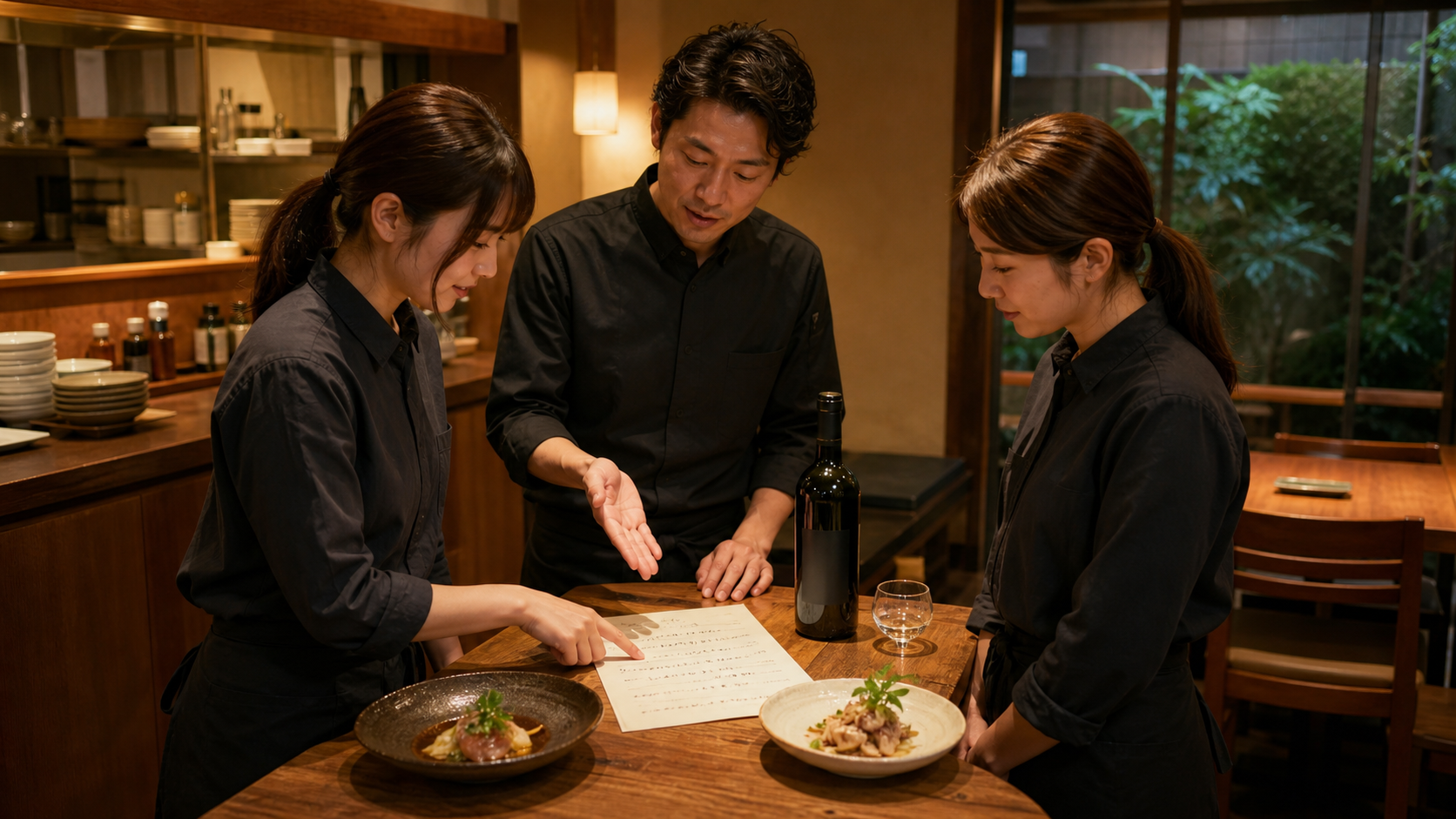 開店前の飲食店で、店長と二人のスタッフが料理、無地のボトルワイン、メニュー表を囲み、接客用の説明を共有している場面