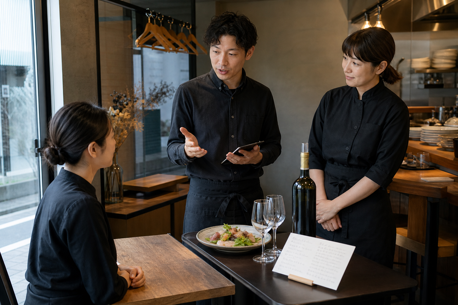 開店前の飲食店で、三人のスタッフが料理、グラス、ボトルを前にしてボトルワインの提案会話を短く練習している場面