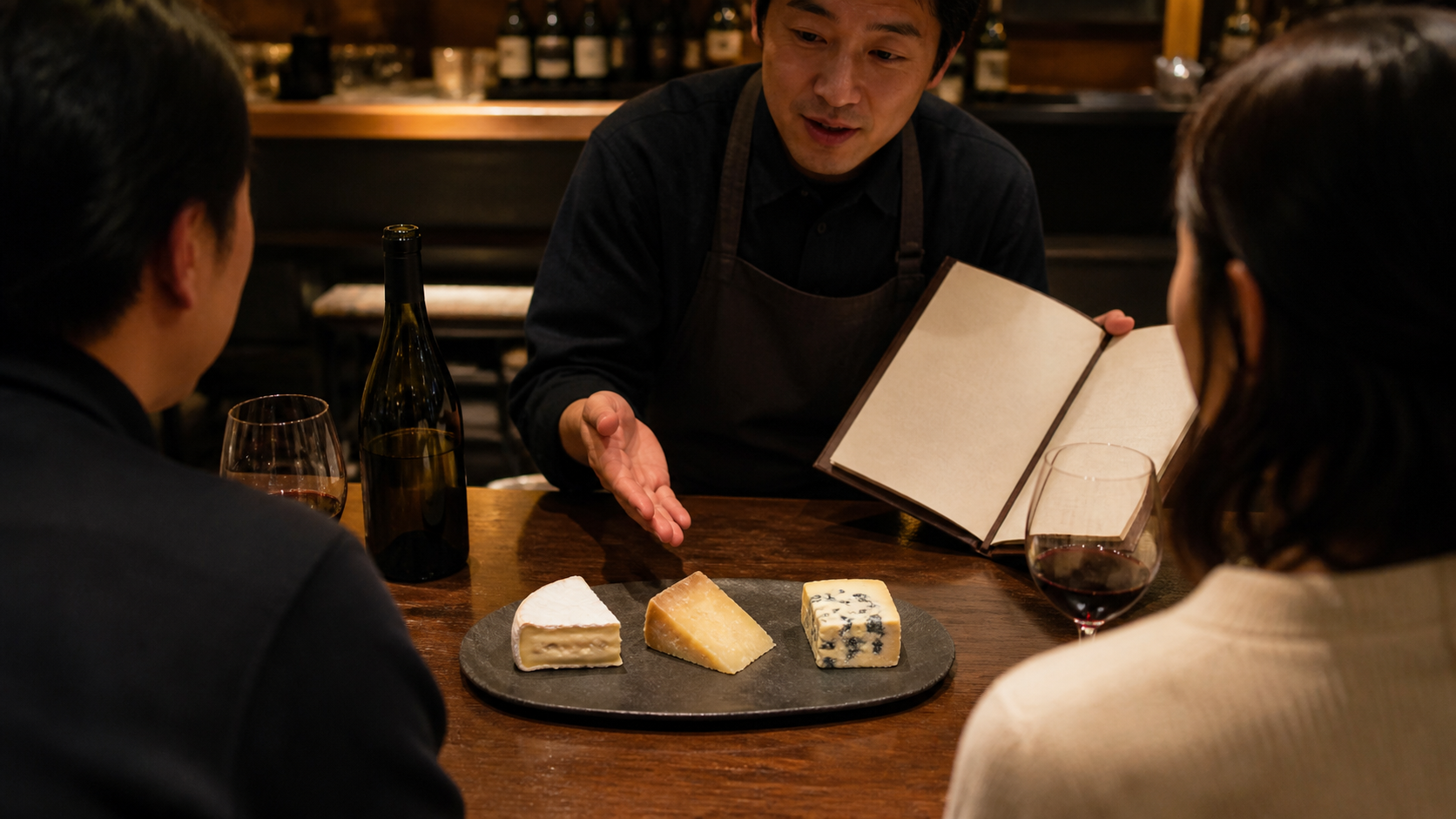 チーズ盛り合わせを前に、ホールスタッフがお客様へワインの好みを短く確認している飲食店の客席