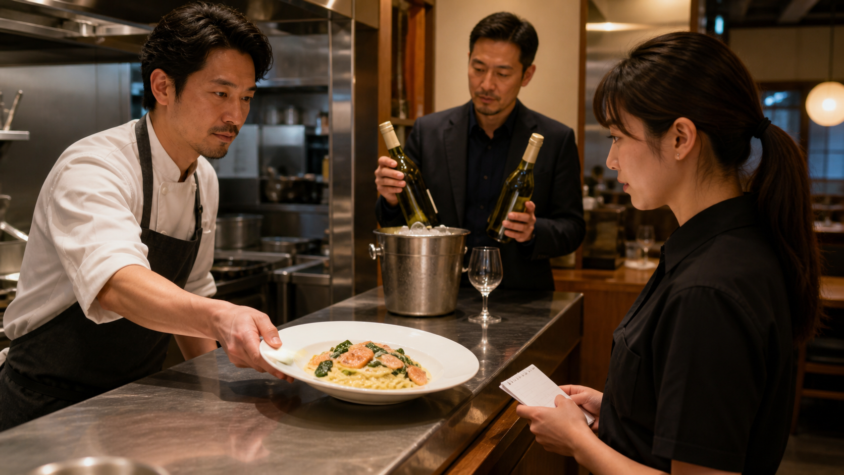 飲食店の厨房パスで料理人、店長、ホールスタッフがサーモンとほうれん草のクリームパスタと候補の白ワインを確認している場面