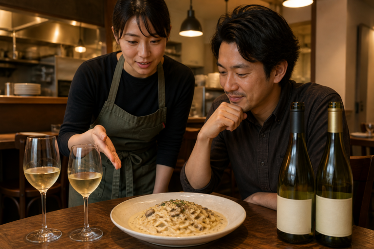 飲食店の開店前、スタッフと店長がきのこクリームパスタと二本の白ワインを見ながら提案を確認している場面