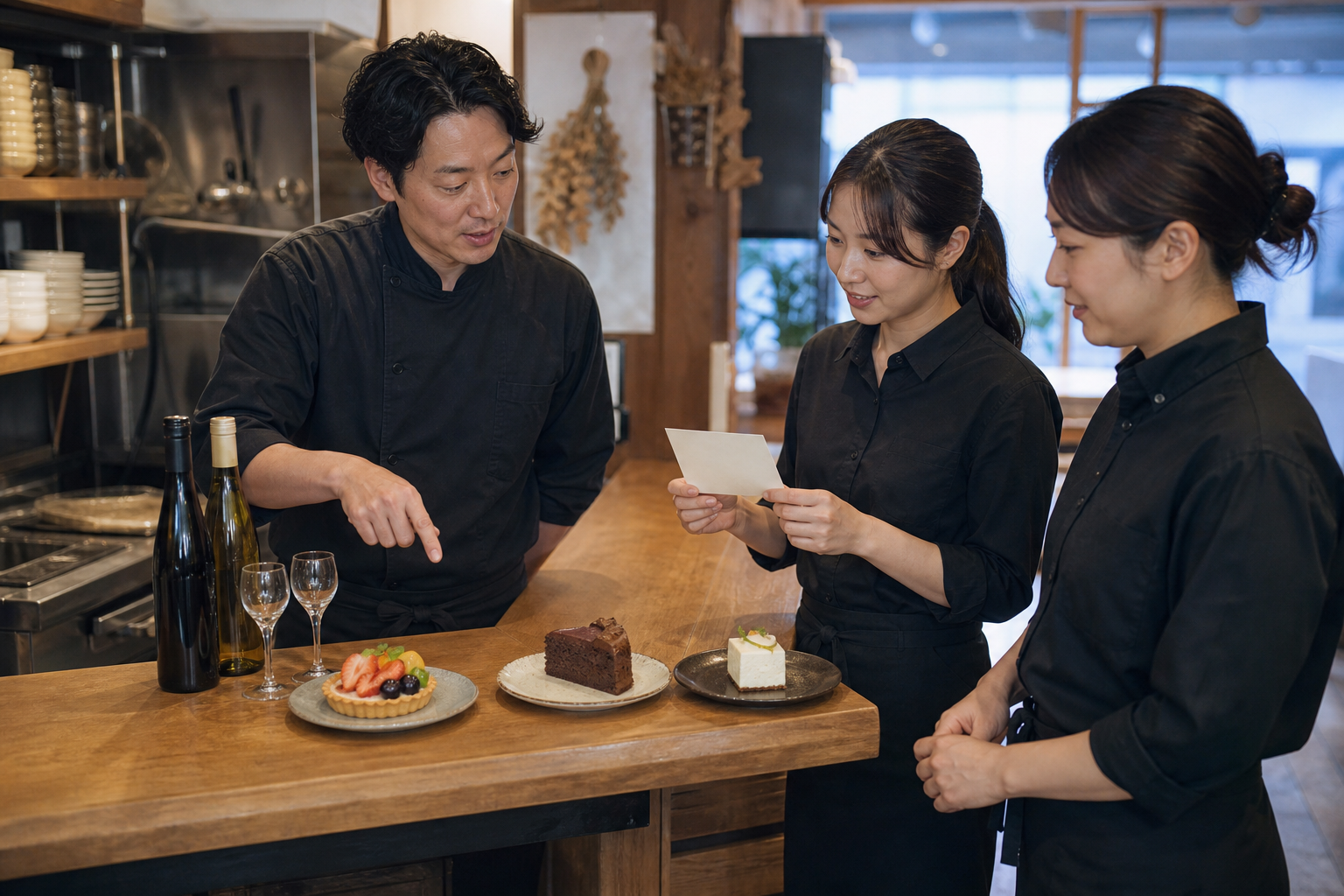 開店前のカウンターで、店長と二人のスタッフがフルーツタルト、チョコレートケーキ、チーズデザートと二本の候補ワインを確認している場面