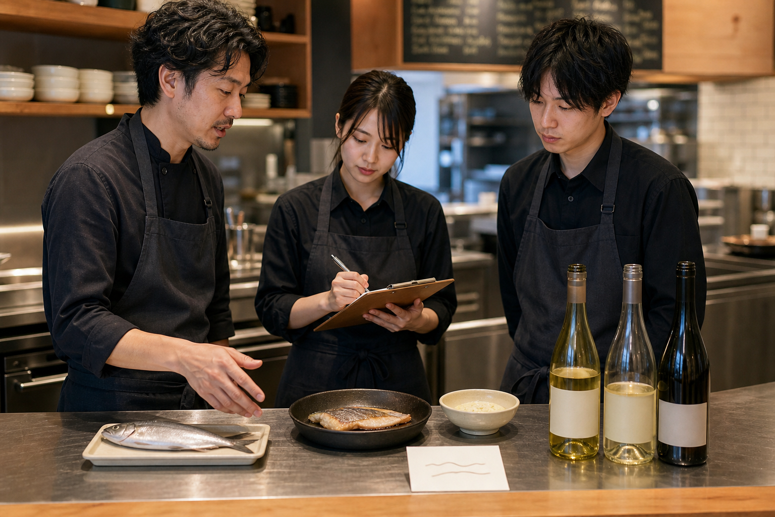 営業前の飲食店で、店長とスタッフが生の魚、焼いた魚、ソース、ワインボトルを並べて提案の順番を共有している場面