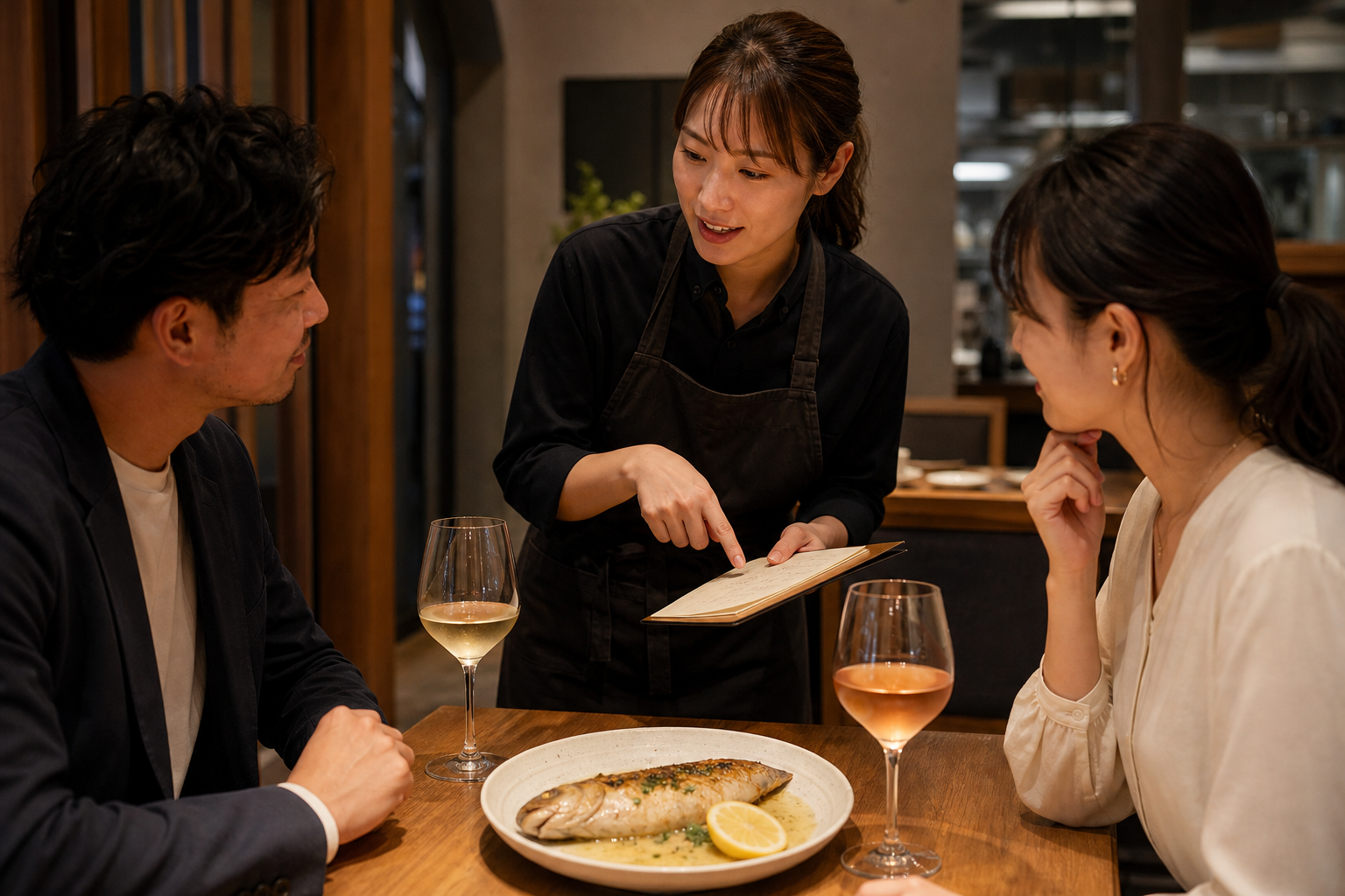 飲食店の客席で、スタッフが焼き白身魚とレモンバターソースに合わせるワインを二人の客へ説明している場面