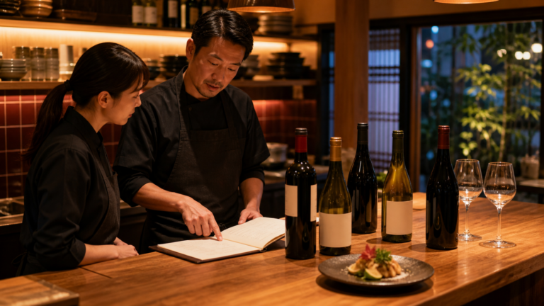 開店前の小さな飲食店で、店長とスタッフが五本のワイン、メニュー、料理を見ながら役割を確認している場面