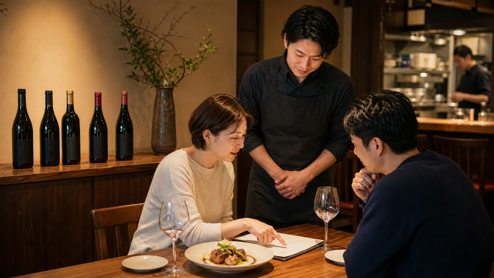 飲食店の二人客テーブルで、スタッフがお客様の料理とメニューを見ながらワインの希望を聞き、近くに五本の候補がある場面