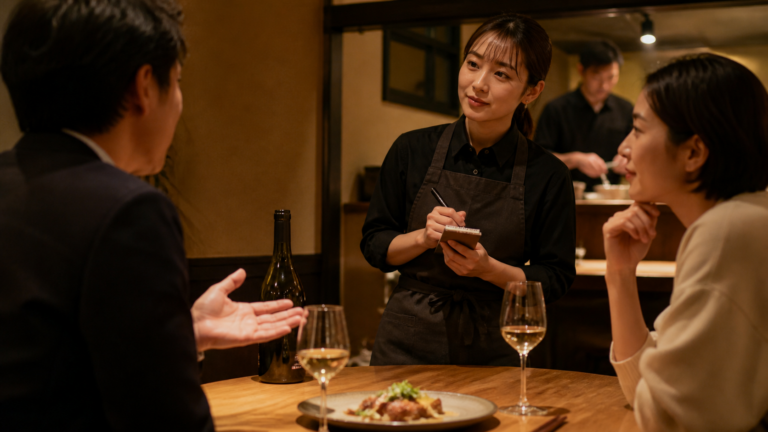 飲食店の客席で、ホールスタッフがワインの質問を受け、メモを取りながらお客様の希望を確認している場面