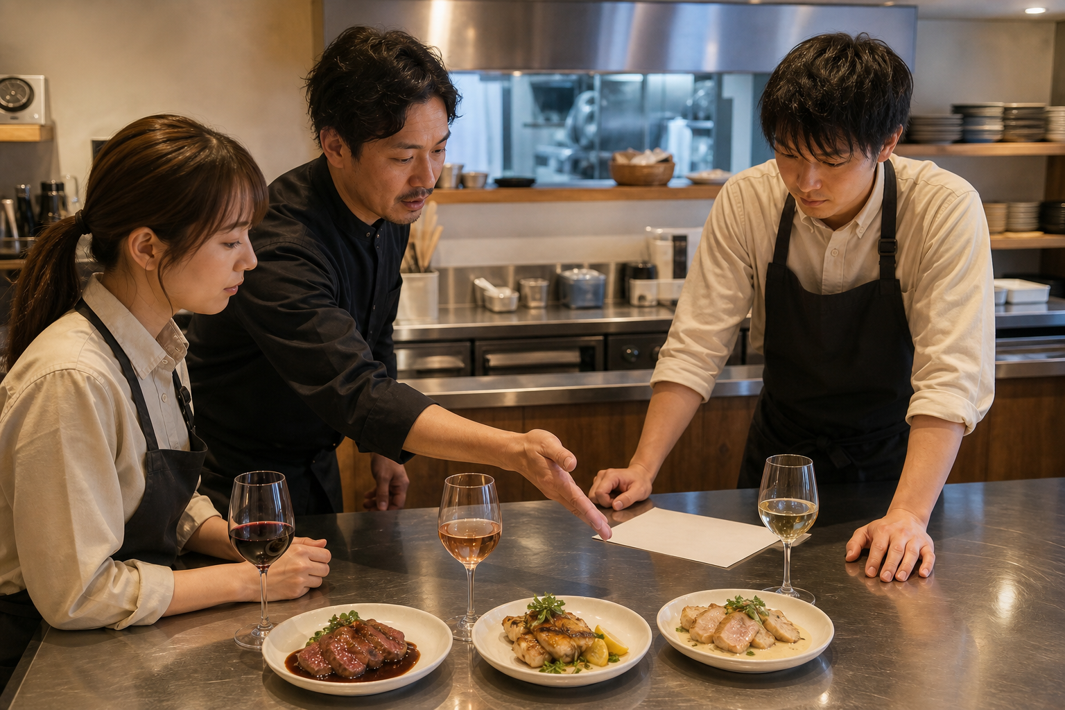 営業前の飲食店カウンターで、店長とスタッフが牛肉、鶏肉、豚肉の料理と赤・ロゼ・白のグラスを並べて提案を確認している場面