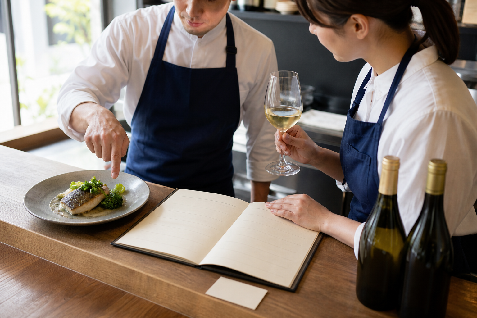 飲食店の開店前にスタッフが白身魚料理、開いたメニュー、白ワインを見ながらおすすめ文を確認している場面